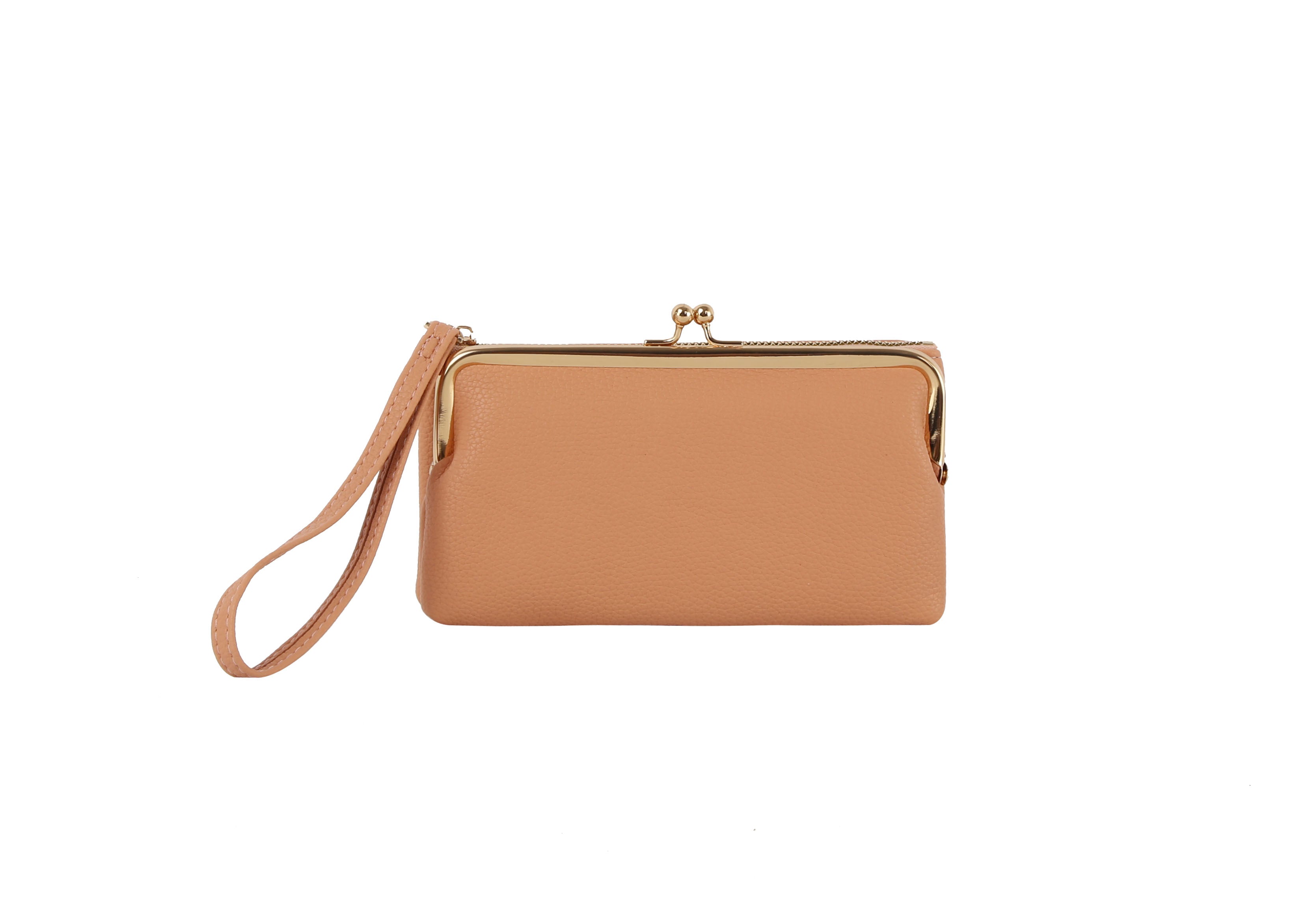 The Wristlet Wallet Set is a peach faux leather clutch featuring a gold metal frame, kiss lock coin purse closure, and a handy wristlet strap, displayed on a white background.