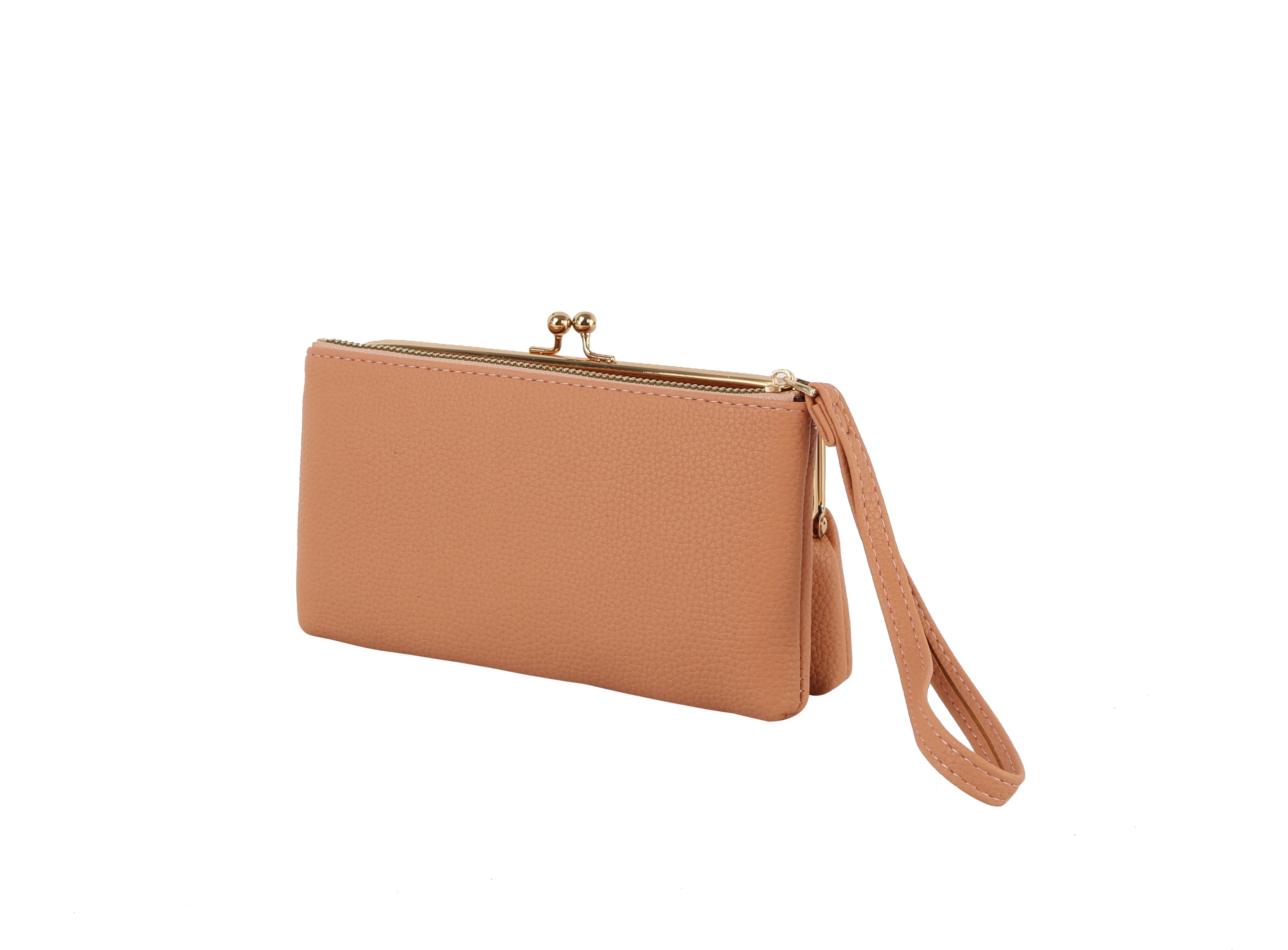 The Wristlet Wallet Set is a light brown, textured faux leather purse with a gold clasp and zipper, displayed against a white background.