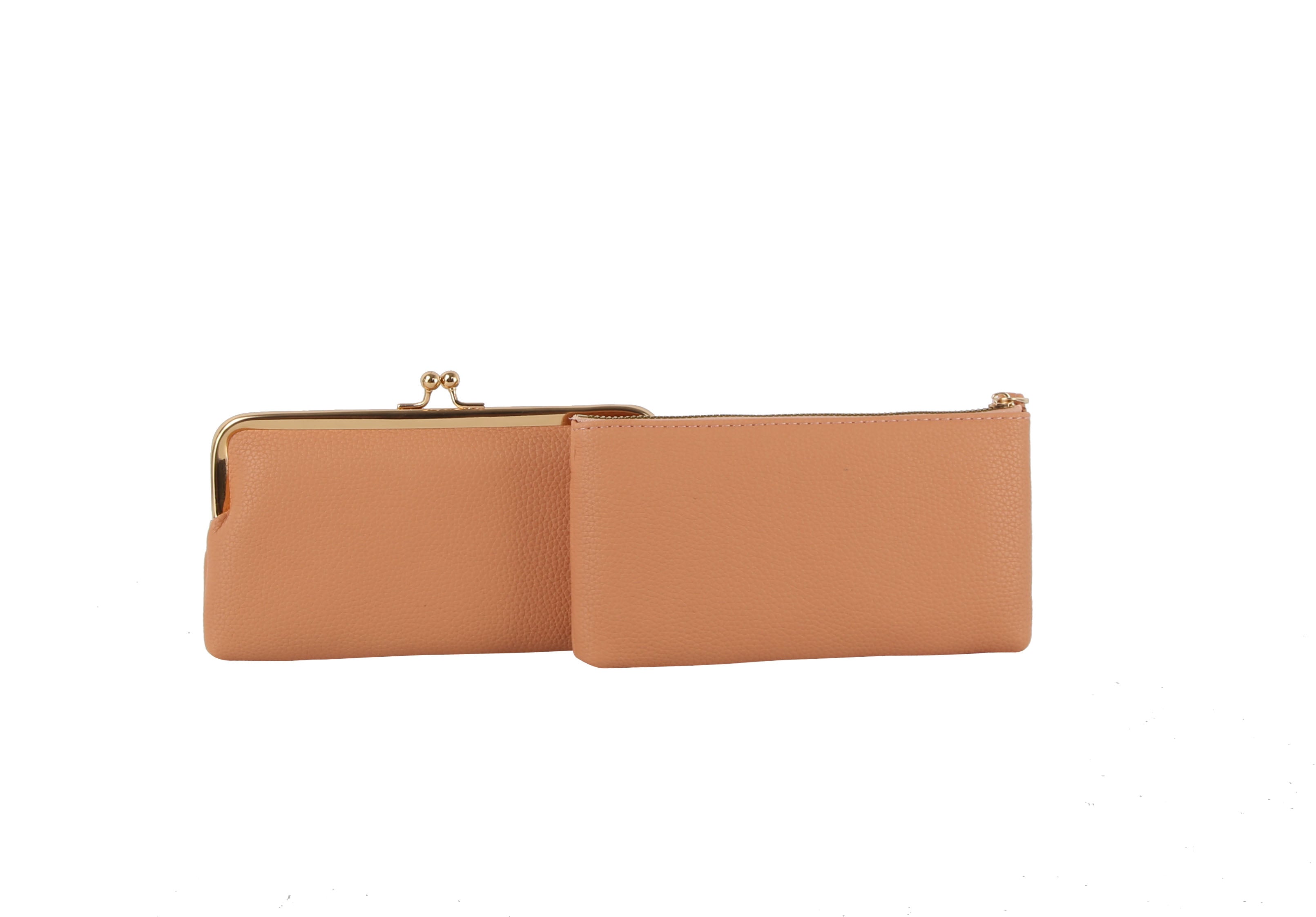 The Wristlet Wallet Set includes two light brown textured faux leather clutches on a white background—one with a gold kiss lock coin purse clasp, the other with a zipper closure. Both are plain and logo-free.