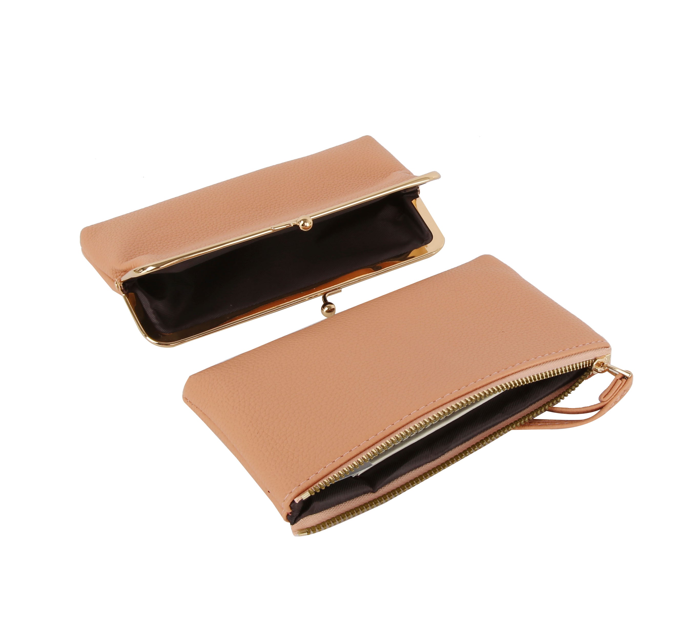 The Wristlet Wallet Set features two light brown faux leather wallets: one open to reveal a black interior with a gold kiss lock coin purse, and one closed with a zipper and wristlet strap.