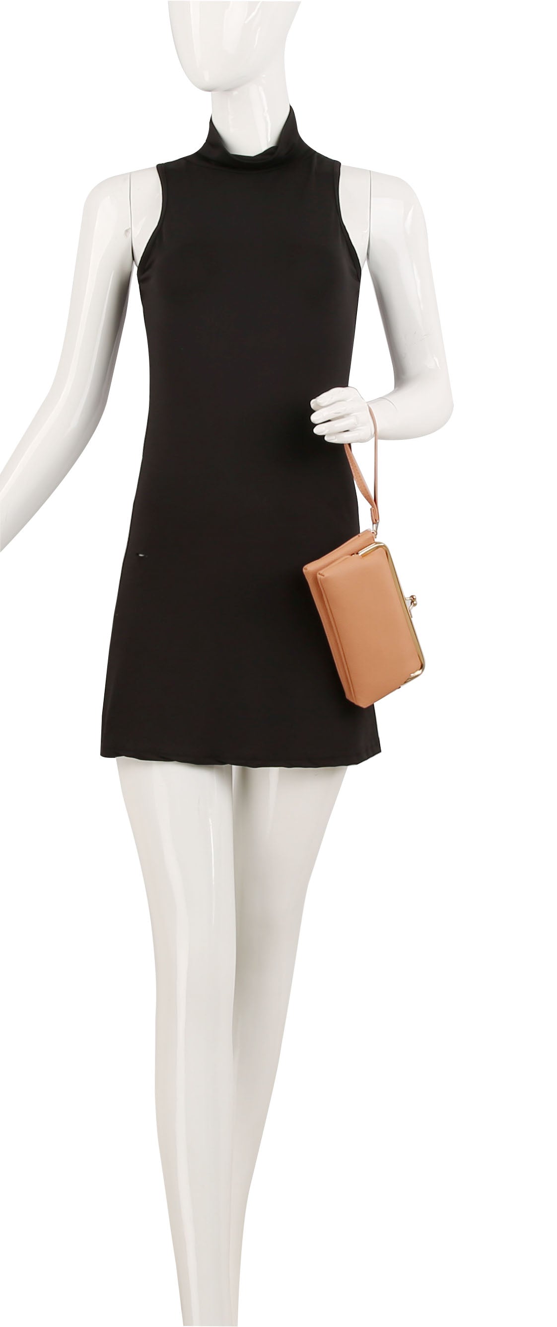 A mannequin in a sleeveless black mini dress holds the Wristlet Wallet Set in its right hand against a plain white background.