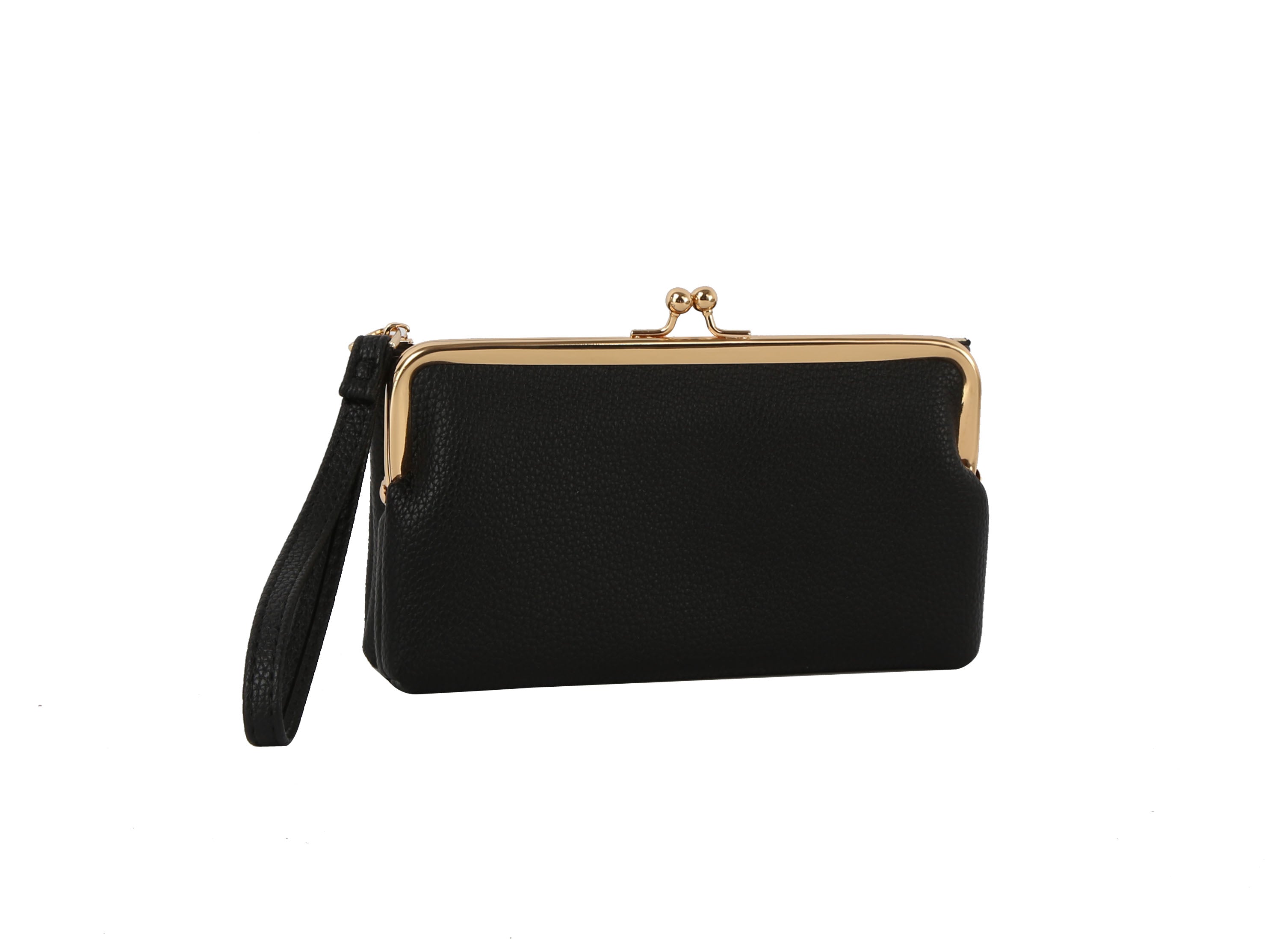 The Wristlet Wallet Set is a black faux leather clutch with a gold metal frame, kiss lock clasp, and a left-side wristlet strap, shown on a plain white background.
