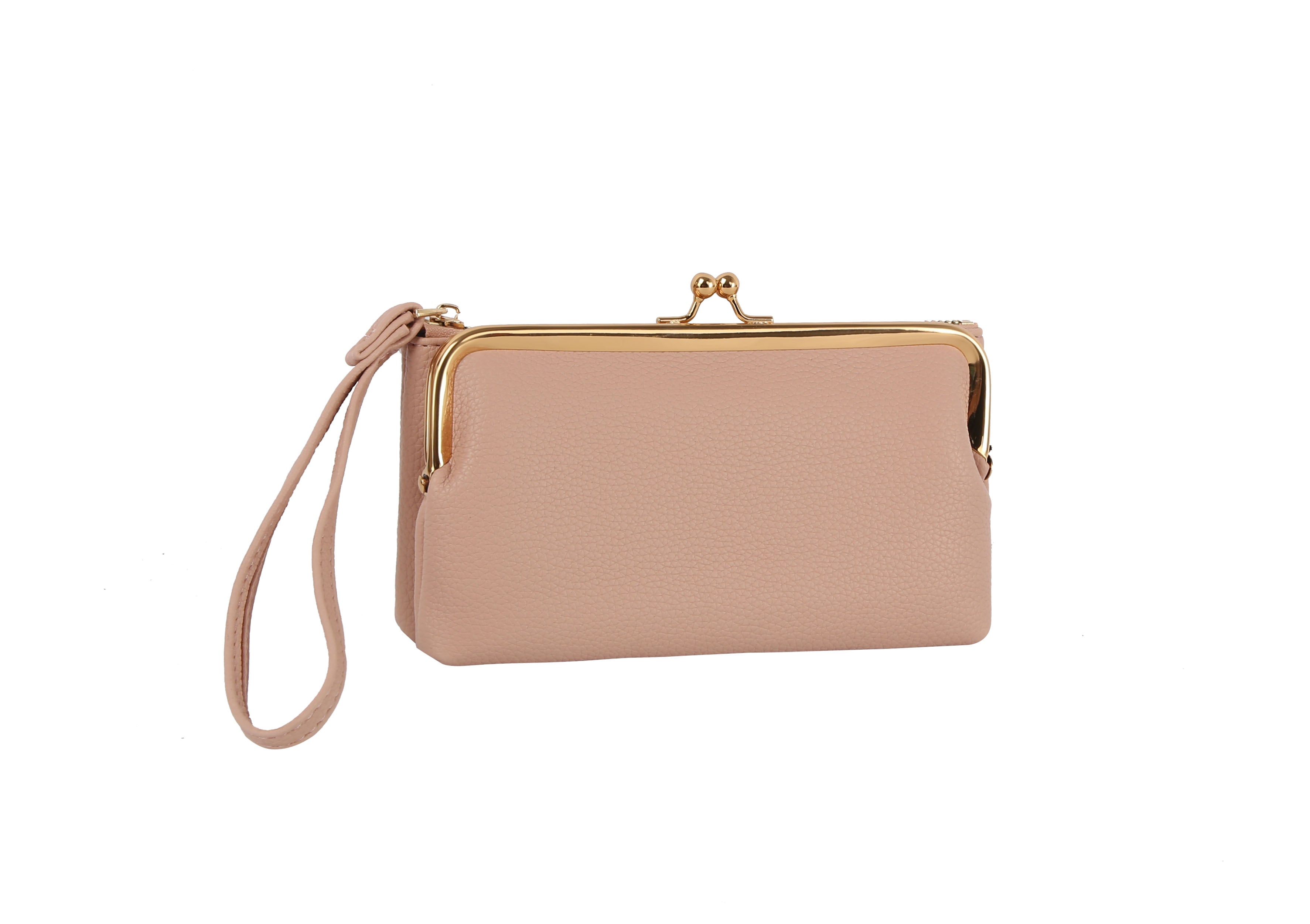 The Wristlet Wallet Set is a light pink faux leather clutch with a gold metal frame, kiss lock coin purse clasp, and matching wristlet strap, shown against a plain white background.