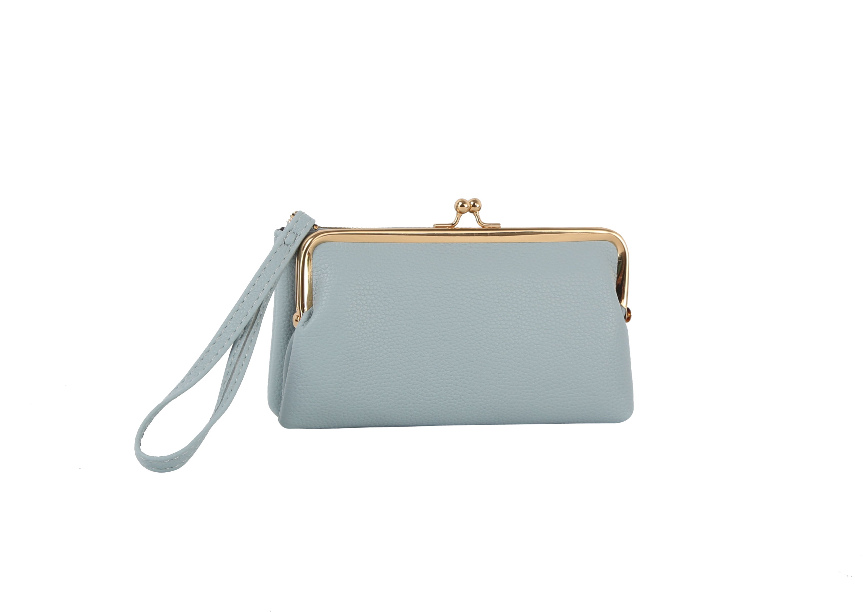 A light blue Wristlet Wallet Set with a textured faux leather surface, gold-tone frame, and matching wristlet strap, shown on a white background.
