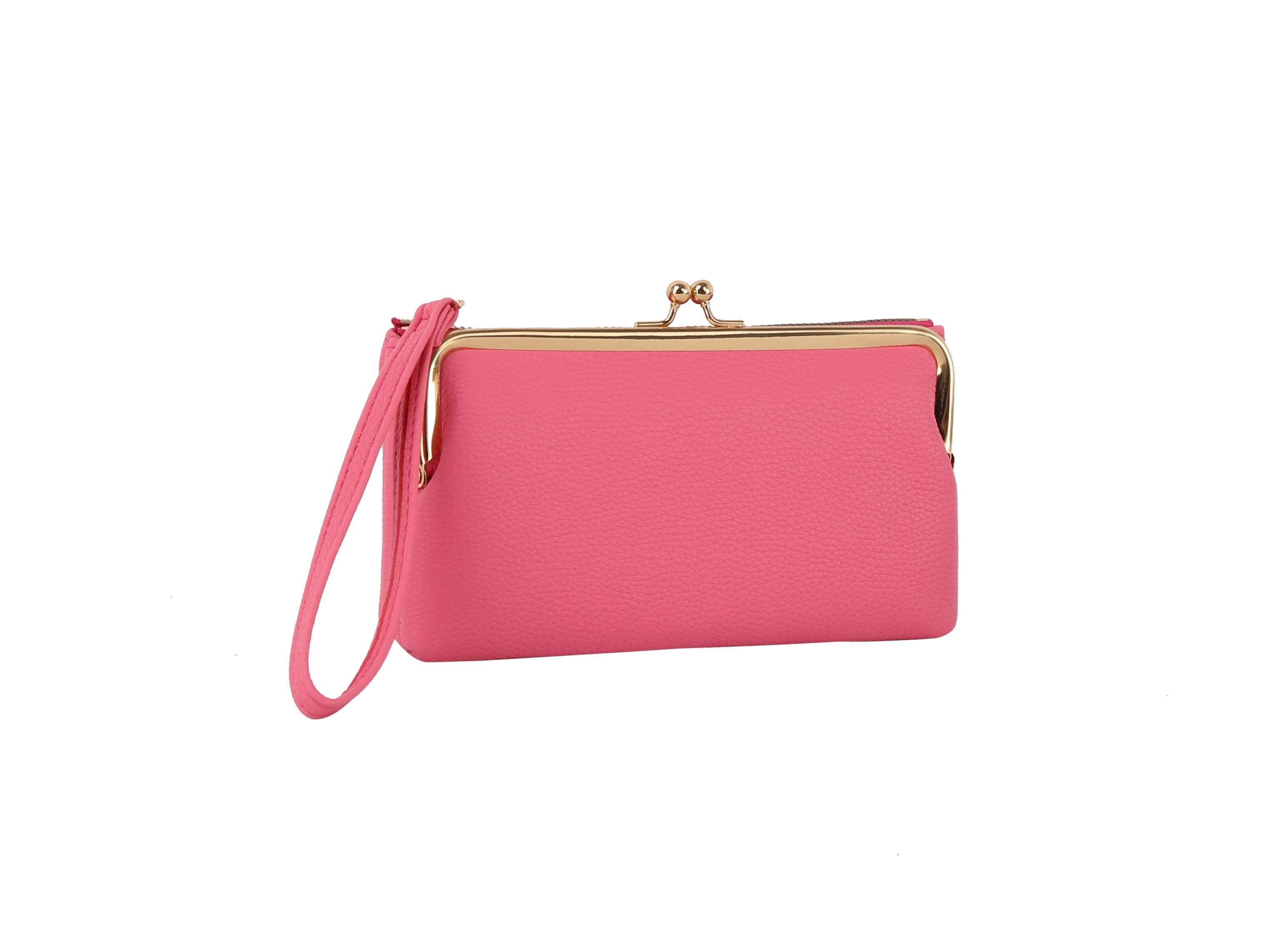 The Wristlet Wallet Set is a pink, textured faux leather clutch featuring a gold clasp and matching wristlet strap, displayed against a white background.