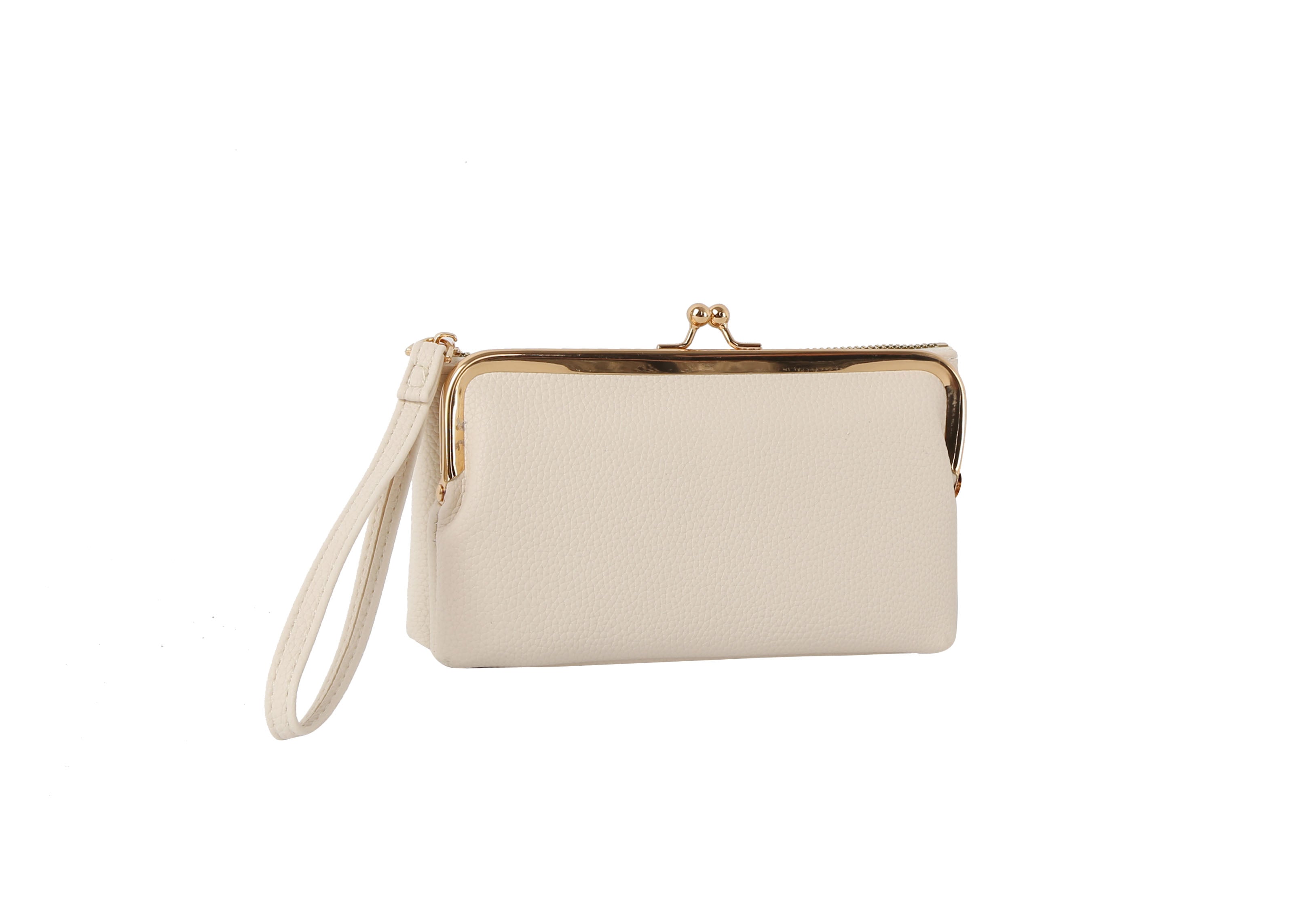 The Wristlet Wallet Set features a cream faux leather clutch with a gold metal frame, kiss lock coin purse clasp, and matching wristlet strap, shown on a white background.