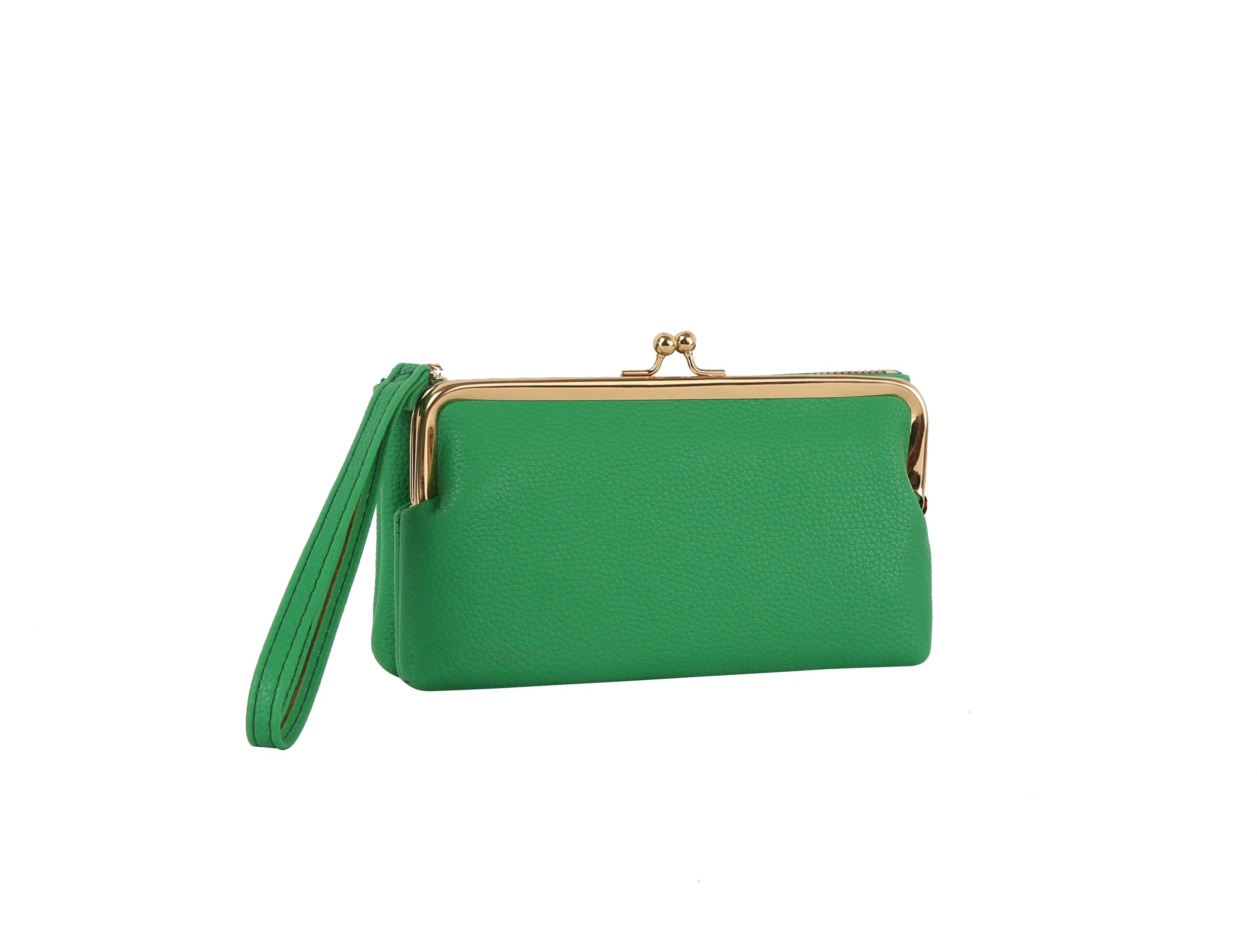 The Wristlet Wallet Set is a green faux leather purse with a gold metal clasp frame and wristlet strap, shown against a plain white background.
