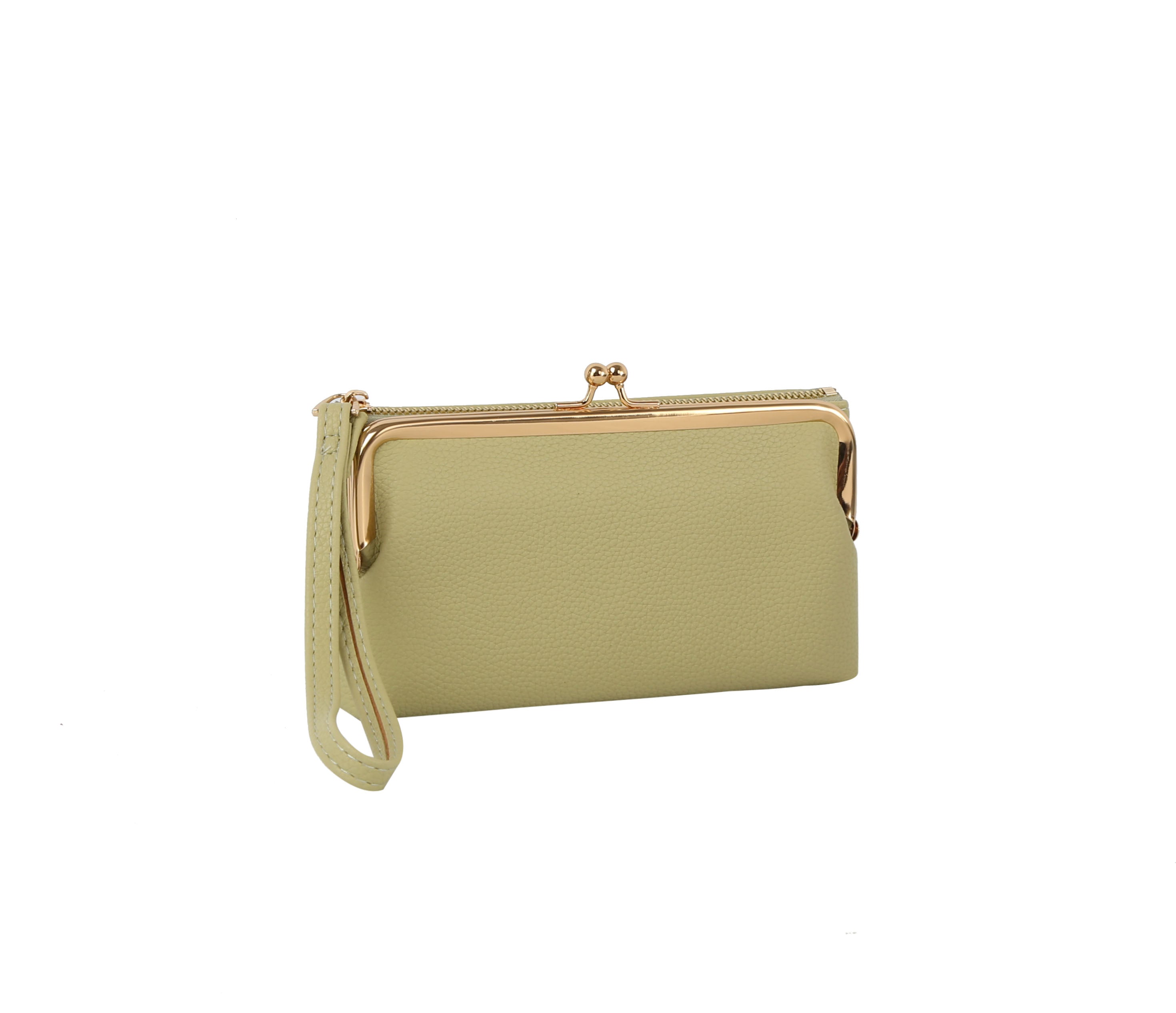 The Wristlet Wallet Set features a light green textured faux leather clutch with a gold kiss lock coin purse clasp and a matching wristlet strap, shown against a white background.