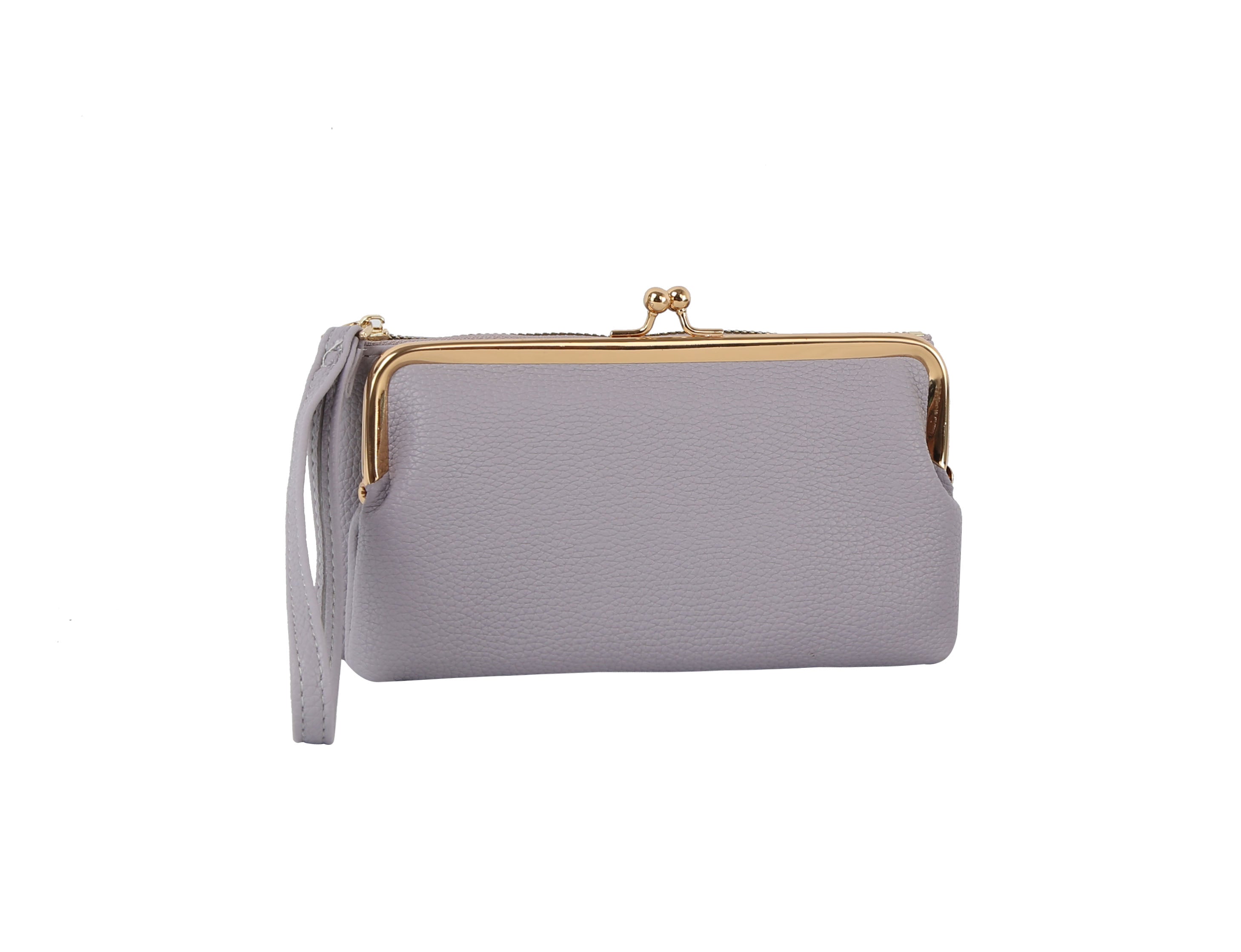 The Wristlet Wallet Set features a small, light gray faux leather coin purse with a gold kiss lock frame, matching wristlet strap, and textured finish, shown against a white background.