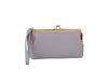 The Wristlet Wallet Set features a small, light gray faux leather coin purse with a gold kiss lock frame, matching wristlet strap, and textured finish, shown against a white background.