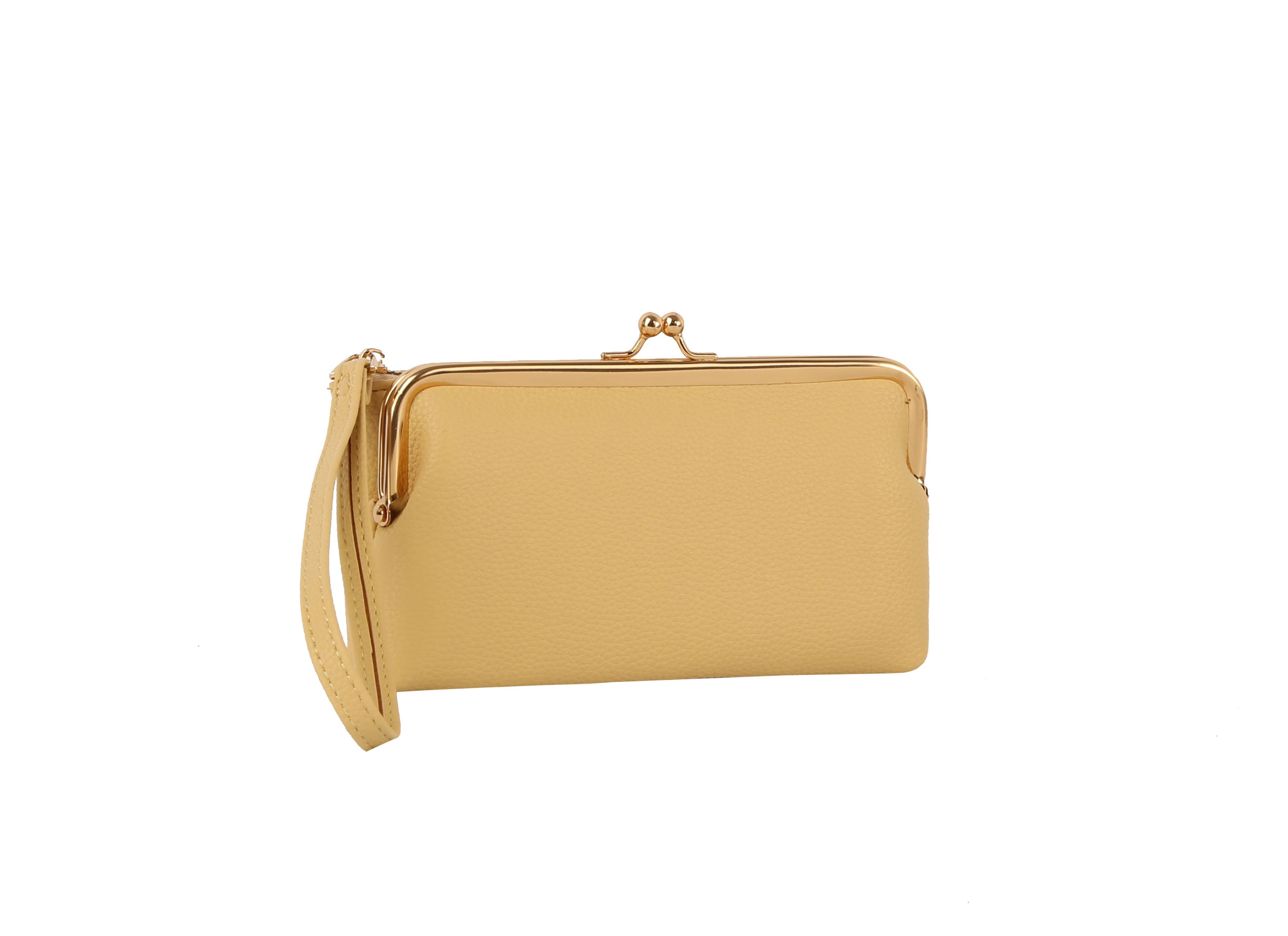 The Wristlet Wallet Set is a beige faux leather clutch with a gold clasp and wristlet strap, displayed on a white background.