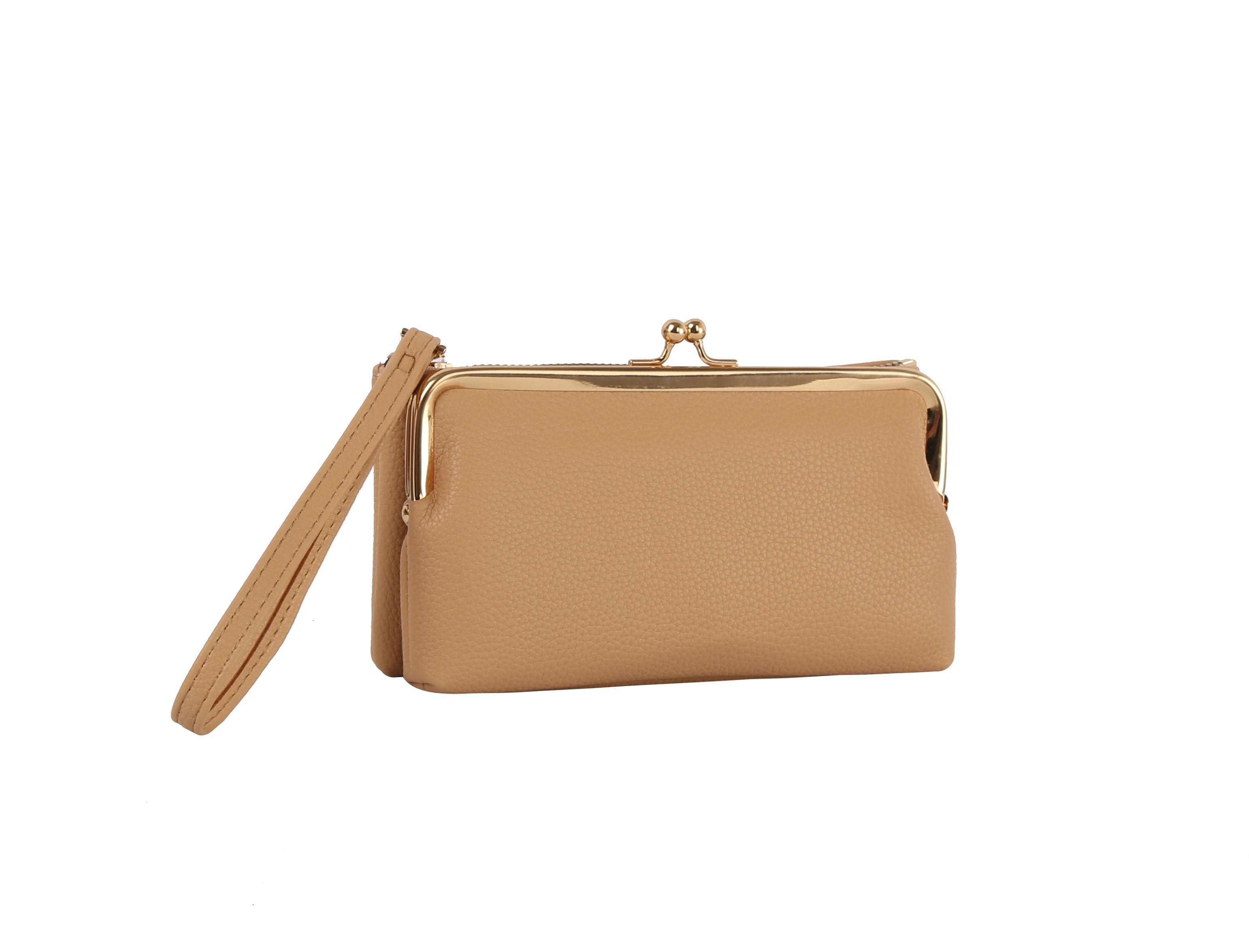 The Wristlet Wallet Set in beige faux leather features a gold metal frame, clasp closure, and matching wristlet strap, shown against a plain white background.