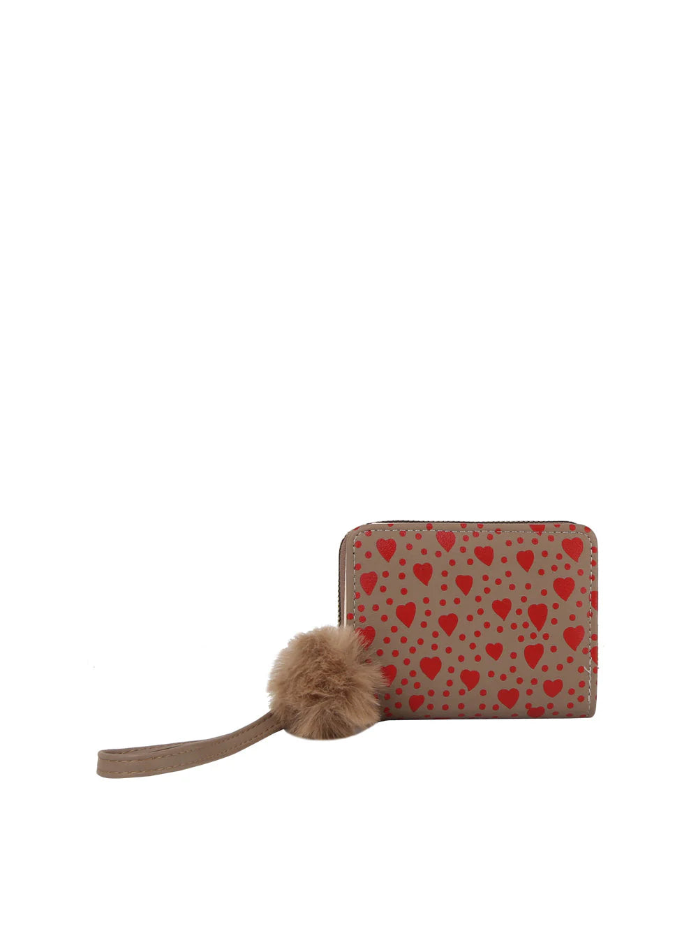 The Dainty Heart Print Petite Wristlet Wallet features beige faux leather with a red heart pattern, card slots, zipper closure, and a wristlet strap topped with a light brown faux fur pom-pom. Centered on a white background.