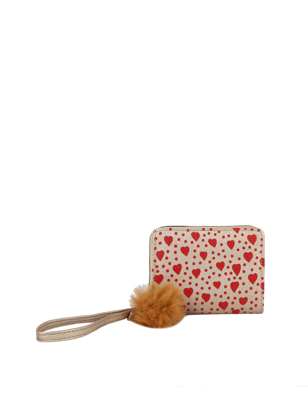 The Dainty Heart Print Petite Wristlet Wallet features beige faux leather with red heart patterns, a beige wristlet strap, a brown fluffy pom-pom keychain, and card slots, shown on a plain white background.