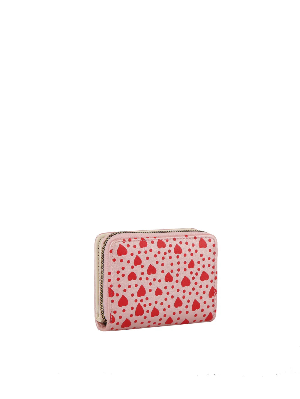 The Dainty Heart Print Petite Wristlet Wallet is a small, rectangular light pink faux leather wallet with a zip-around closure and red heart pattern, displayed on a plain white background.