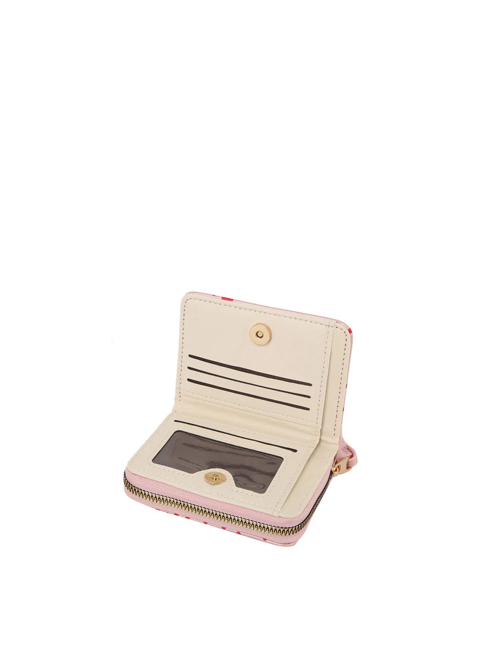The Dainty Heart Print Petite Wristlet Wallet is open on a white background, showing its card slots, clear ID window, gold snap button closure, and a partially visible zippered compartment.