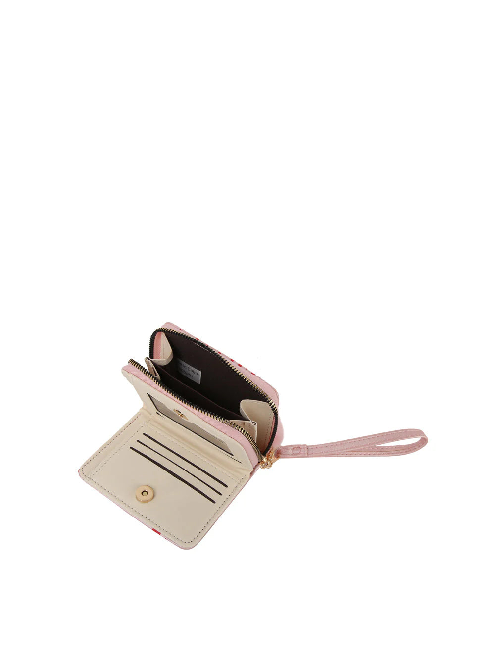 The Dainty Heart Print Petite Wristlet Wallet is a small, open pink and beige faux leather wallet with card slots, a snap button, zippered compartment, and wristlet strap, shown on a white background.