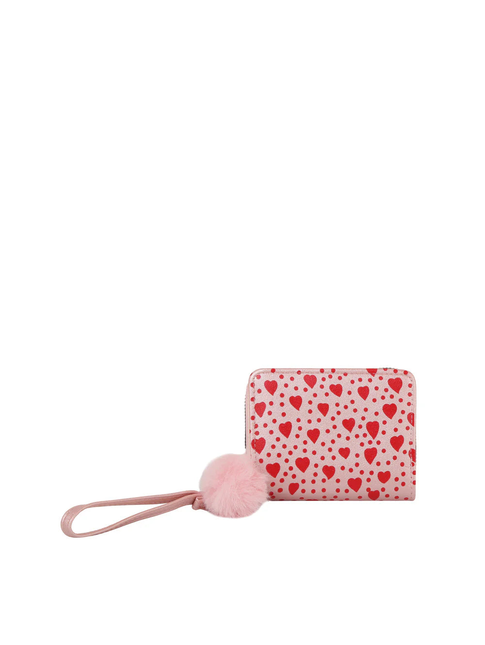 The Dainty Heart Print Petite Wristlet Wallet is a small pink faux leather zippered wallet with red heart patterns, a wristlet strap, and a fluffy pink pom-pom keychain.