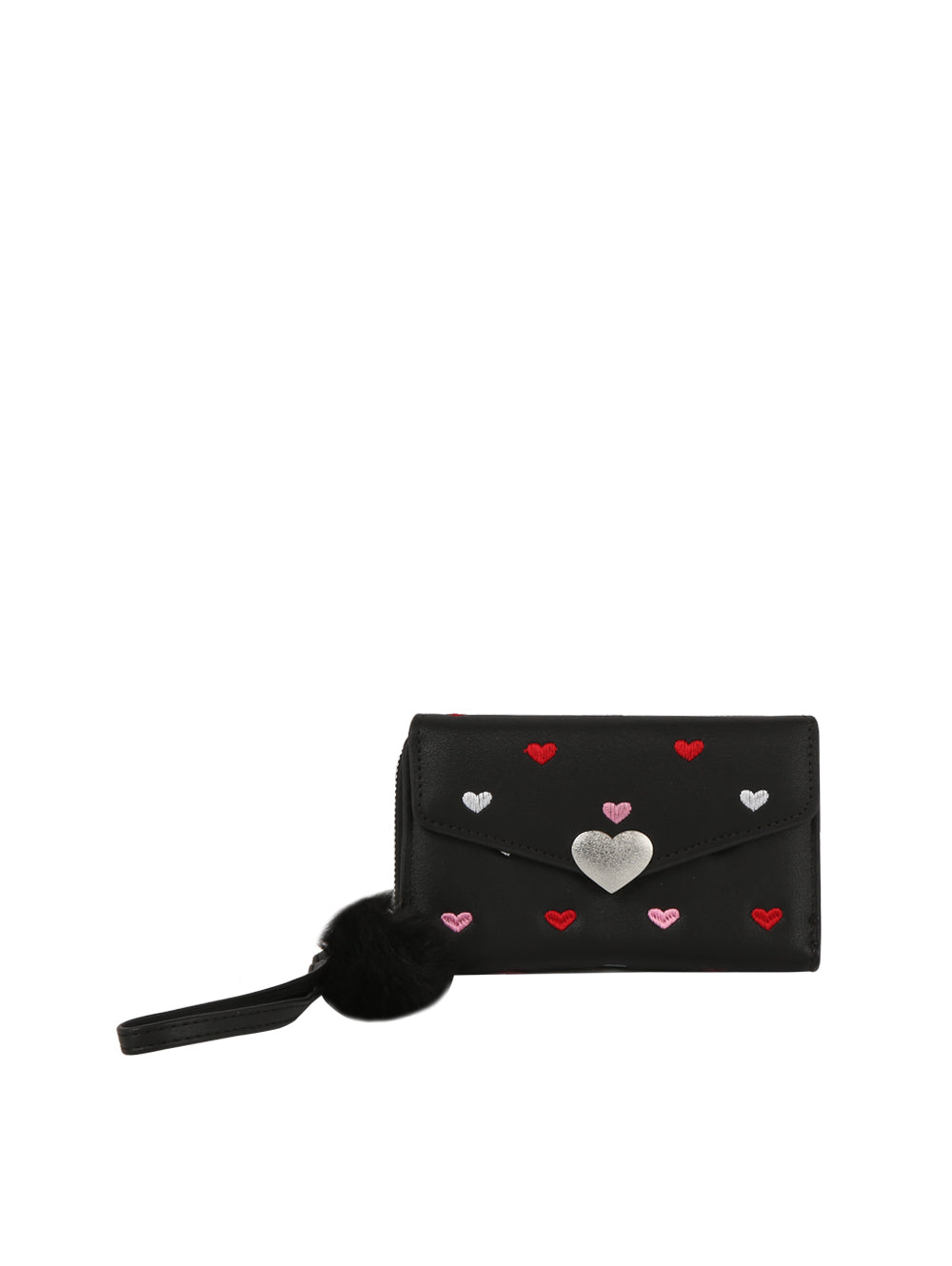 The Heart Print Tri Fold Wristlet Wallet is a black faux leather accessory featuring red, pink, and silver heart designs, a wristlet strap, a black fluffy pom-pom, and card slots to keep your essentials organized.