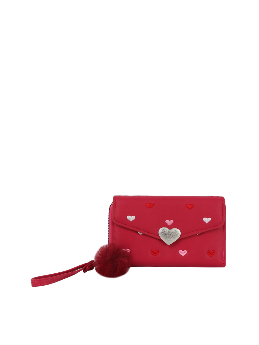 The Heart Print Tri Fold Wristlet Wallet is a red faux leather wallet with a wristlet strap, red and pink heart prints, a large silver heart on the front, multiple card slots inside, and a red fluffy pom-pom zipper charm.