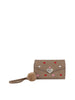 The Heart Print Tri Fold Wristlet Wallet is a tan faux leather wallet with a fluffy pom-pom keychain, red, pink, and silver heart accents, a large silver heart clasp on the front, and secure interior card slots.