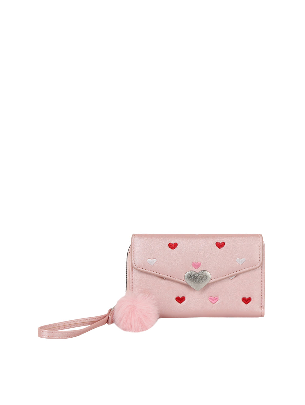 The Heart Print Tri Fold Wristlet Wallet is a light pink faux leather wallet with red, white, and silver heart prints, a wristlet strap, a fluffy pink pom-pom keychain, and multiple inner card slots.