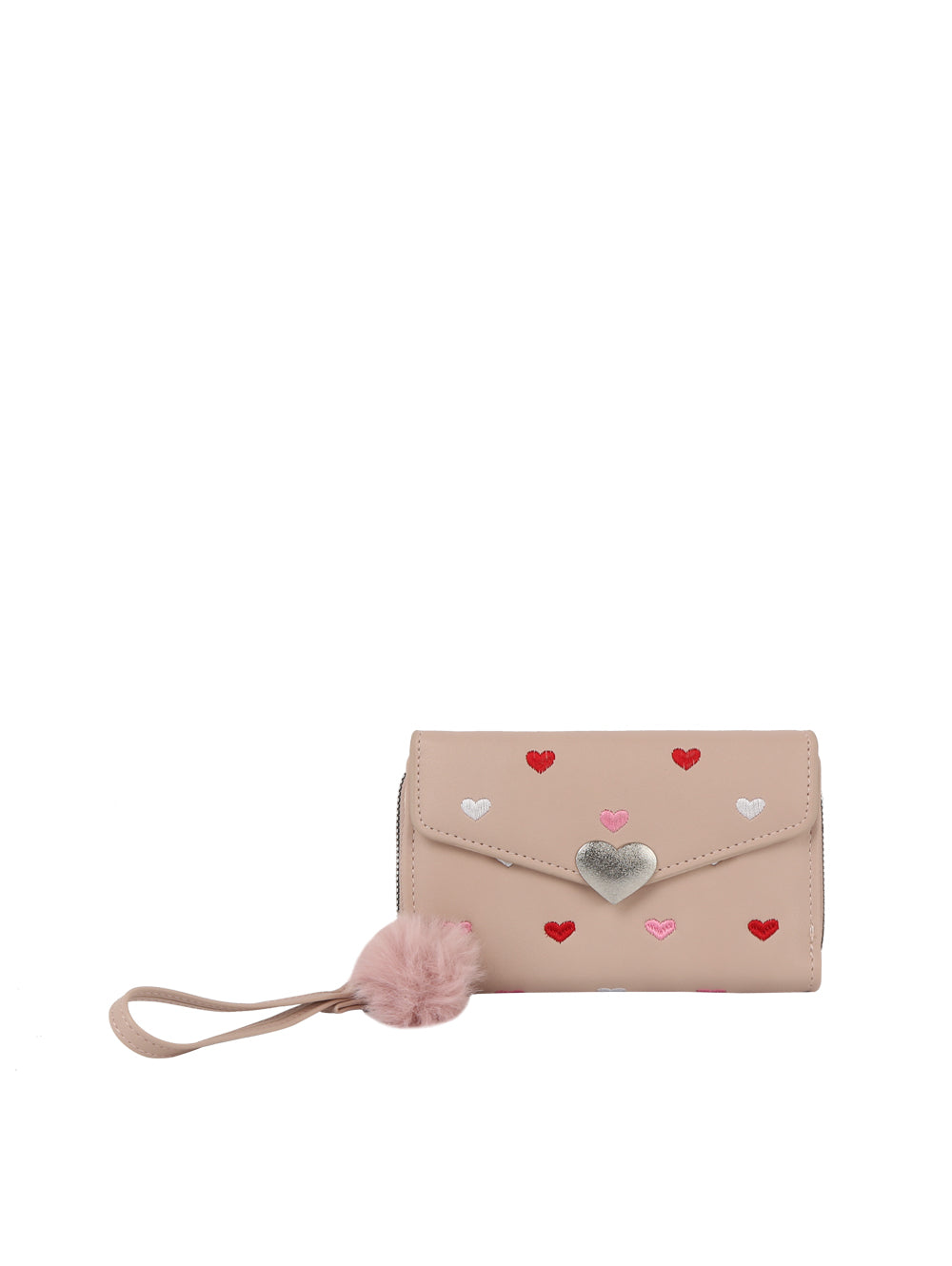 The Heart Print Tri Fold Wristlet Wallet is a beige faux leather wallet with a wristlet strap, pink pom-pom charm, red, white, and pink heart prints, a central silver heart, and multiple card slots for easy organization.