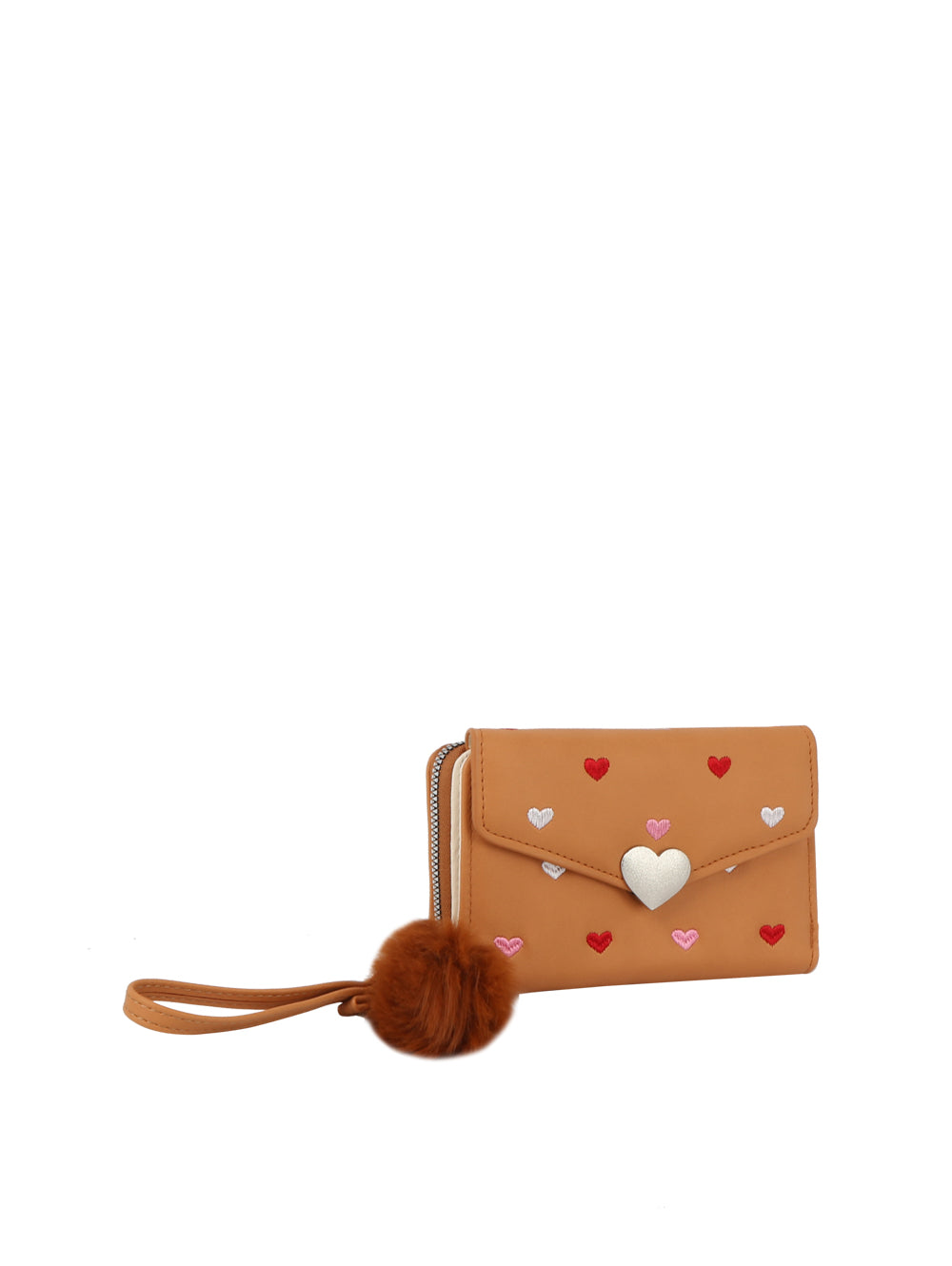 The Heart Print Tri Fold Wristlet Wallet features tan faux leather, a wristlet strap, brown pom-pom keychain, red, pink, and white heart prints, a flap closure with a center white heart, and multiple card slots inside.