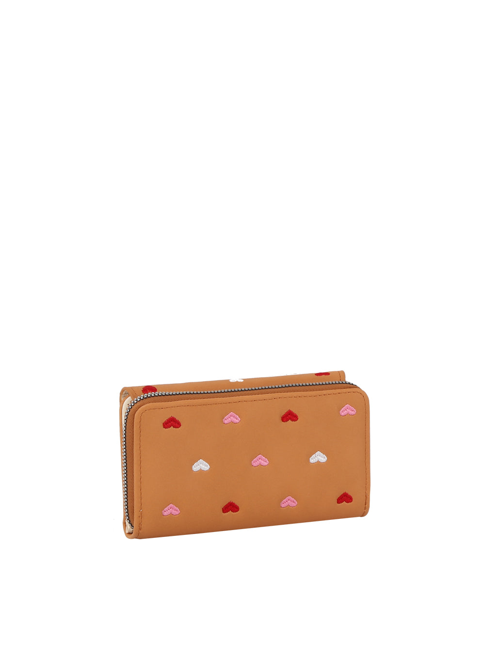 The Heart Print Tri Fold Wristlet Wallet in tan faux leather features rows of small red, pink, and white embroidered hearts on the front. Shown against a plain white background.