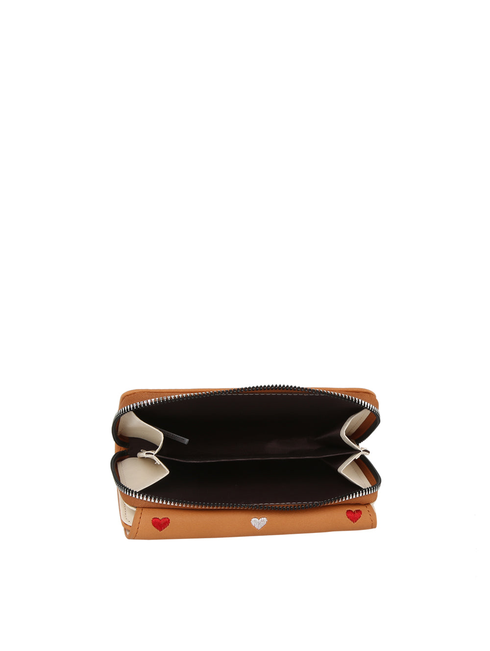 The Heart Print Tri Fold Wristlet Wallet is a brown faux leather wallet featuring red and silver heart designs, multiple compartments, and card slots, displayed open against a white background.