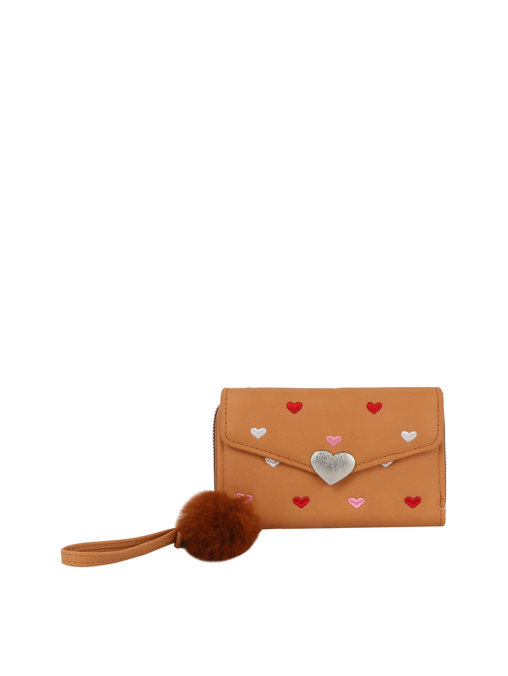 The Heart Print Tri Fold Wristlet Wallet is a tan faux leather wallet with red, pink, and white heart prints, a metallic heart-shaped clasp, multiple card slots, and a wristlet strap featuring a brown fur pom-pom.