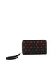 The Glitter Hearts Design Fashion Wallet is a black faux leather wristlet with small red heart accents, a zip-around closure, and a left-side detachable wrist strap.
