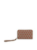 The Glitter Hearts Design Fashion Wallet is a beige faux leather wristlet with a zip-around closure, adorned with a charming small red hearts pattern.