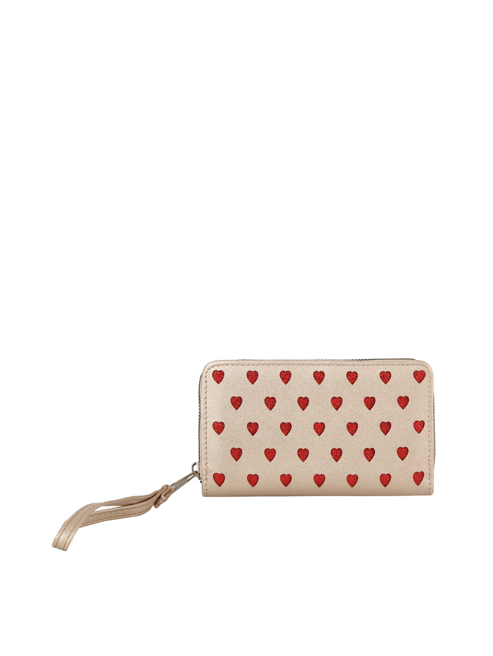 The Glitter Hearts Design Fashion Wallet is a beige faux leather wristlet with a zip-around closure and small red hearts evenly spaced on the front.