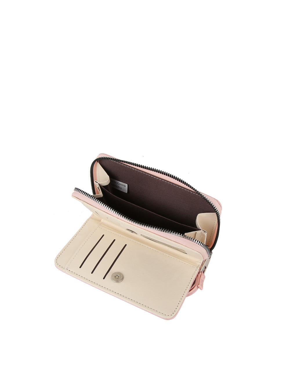 The Glitter Hearts Design Fashion Wallet, in light pink and cream faux leather, features card slots, a zippered coin compartment, multiple pockets inside, and a snap-button closure on the front flap.