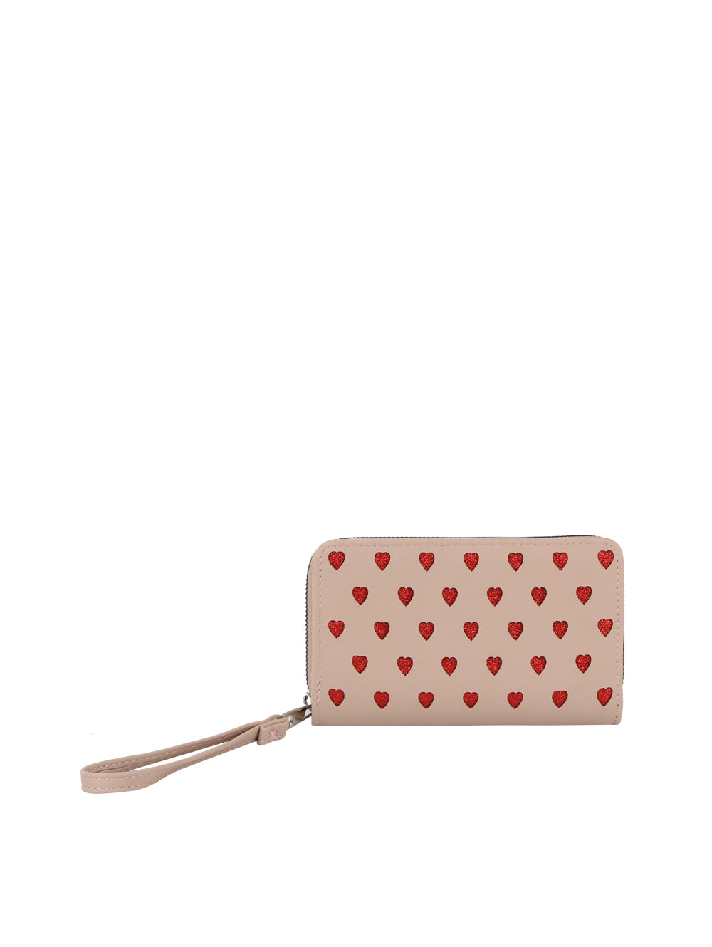 The Glitter Hearts Design Fashion Wallet is a beige faux leather wristlet with a zip-around closure, featuring small red heart patterns, displayed on a plain white background.