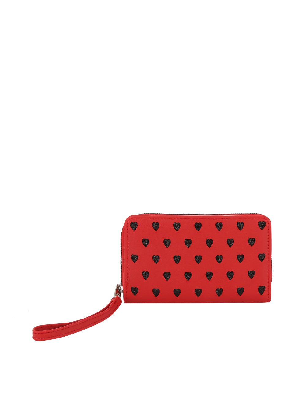 The Glitter Hearts Design Fashion Wallet is a red faux leather wristlet wallet with a zip-around closure, featuring a pattern of small black hearts.