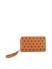 The Glitter Hearts Design Fashion Wallet is a tan faux leather wristlet with a zip-around closure and small red heart patterns on the front.