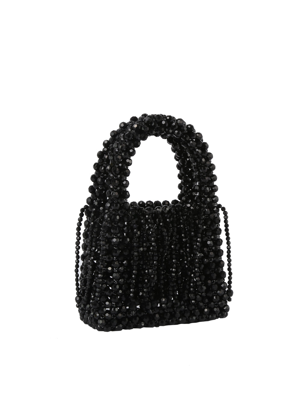 The Pearl Beaded Tassel Detailed Evening Clutch is a small, structured rectangular handbag with shiny black beads, a rounded handle, beaded fringe detailing, and a detachable crossbody strap for versatile carrying.