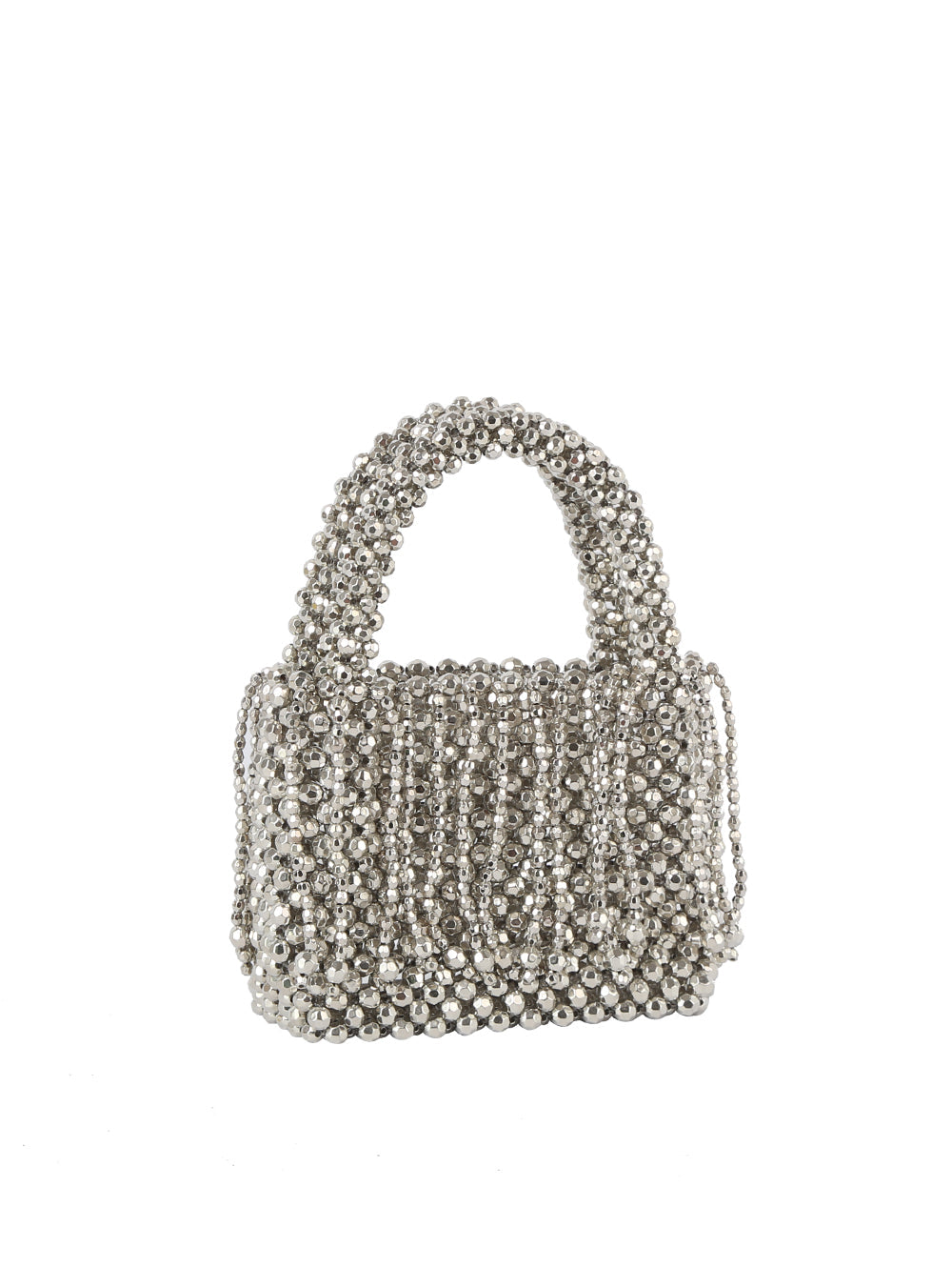 The Pearl Beaded Tassel Detailed Evening Clutch is a small handbag adorned with metallic silver beads, featuring a detachable crossbody strap and beaded handle, shown against a plain white background.
