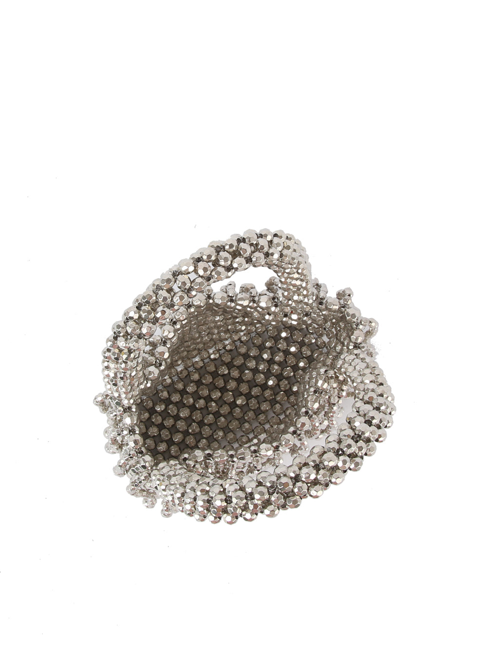 The Pearl Beaded Tassel Detailed Evening Clutch is a small, silver, irregularly shaped bag with a textured beaded surface, open top, and detachable crossbody strap, displayed against a white background.