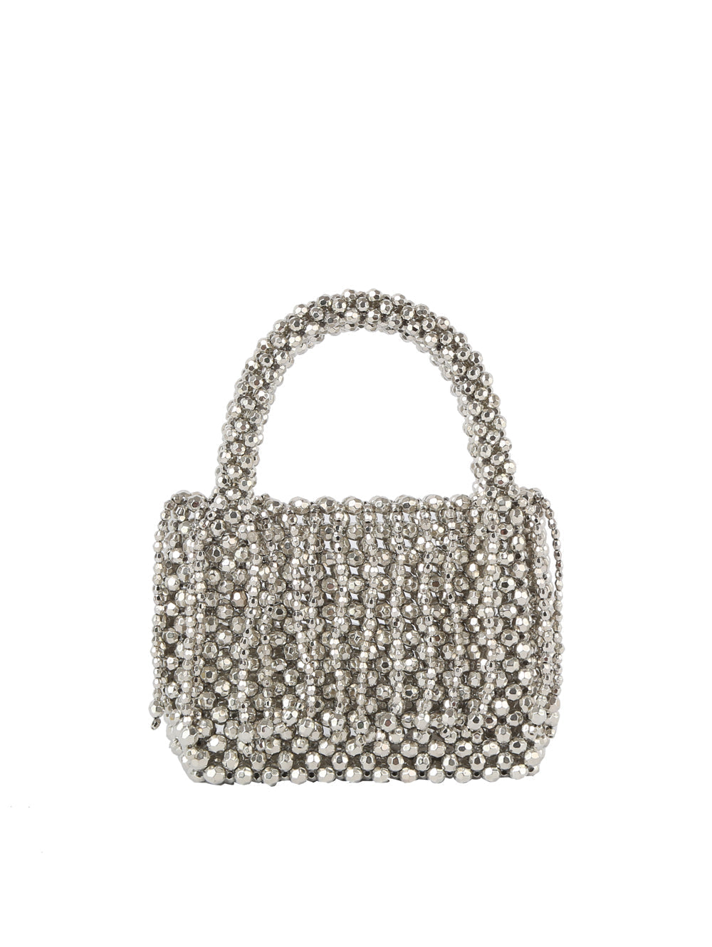 The Pearl Beaded Tassel Detailed Evening Clutch is a small handbag adorned with shiny silver beads, featuring a rounded beaded handle and detachable crossbody strap, displayed on a plain white background.