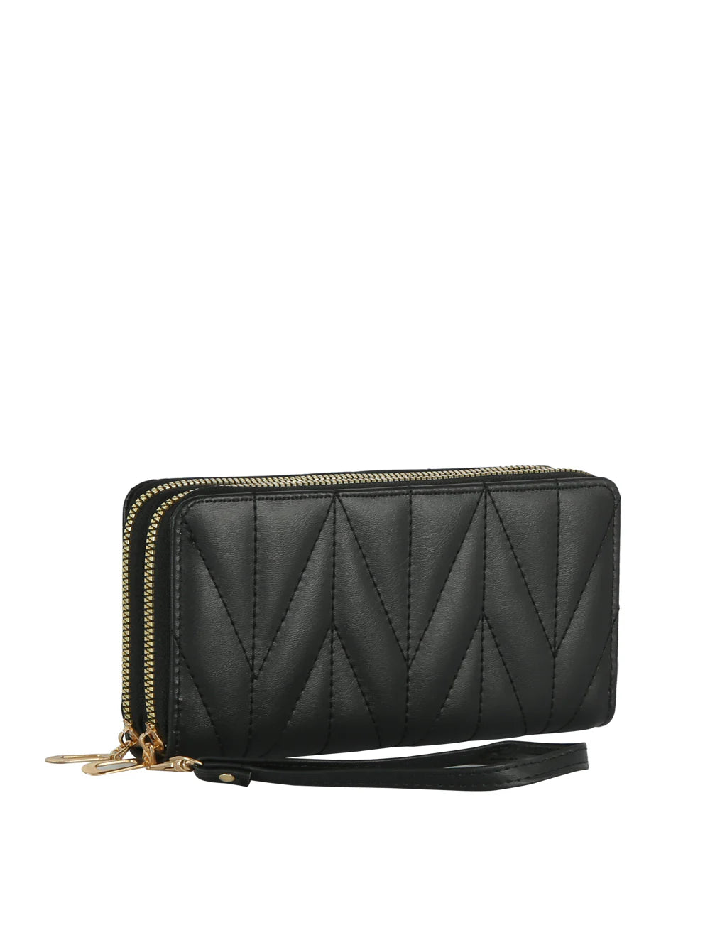 The Quilted Stitch Wristlet Wallet is a black faux leather wallet featuring zigzag quilting, two gold zipper compartments, and a matching wristlet strap, shown against a white background.