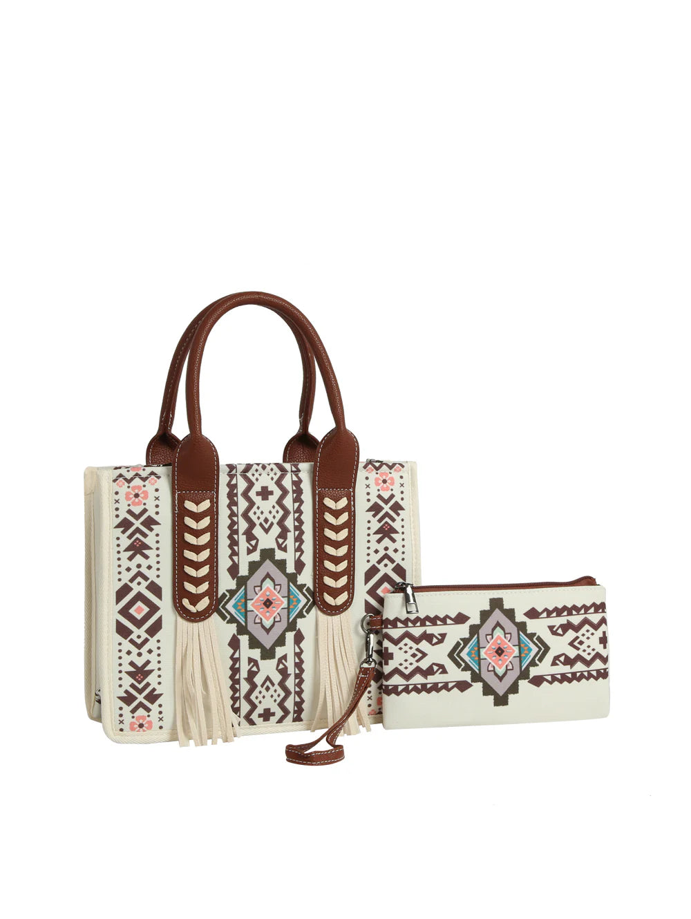 The Aztec Pattern Tote Set features a cream canvas tote and matching wristlet with brown handles, fringe, detachable strap, and geometric floral designs in brown, pink, and blue.