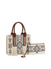 The Aztec Pattern Tote Set features a cream canvas tote and matching wristlet with brown handles, fringe, detachable strap, and geometric floral designs in brown, pink, and blue.