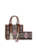The Aztec Pattern Tote Set features a brown canvas tote with tribal-inspired white and red patterns, leather handles, white fringe accents, and a matching zippered pouch with the same design.