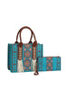 The Aztec Pattern Tote Set includes a turquoise faux leather bag with brown handles, geometric tribal designs, white tassels, and a matching wallet featuring the same pattern and a zipper closure.