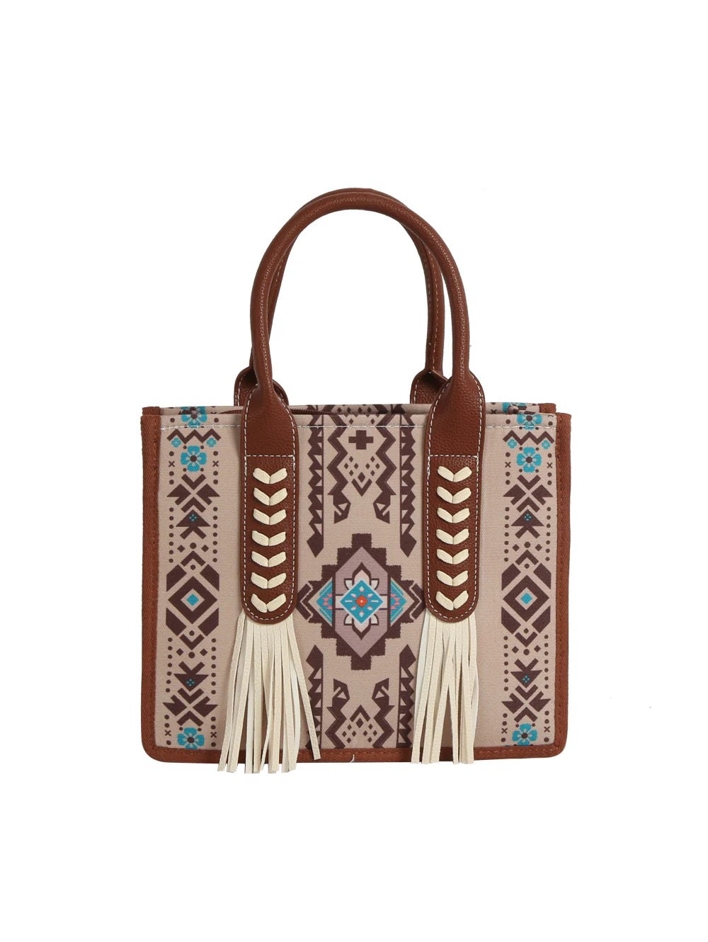 The Aztec Pattern Tote Set features a tan faux leather body, brown handles with cream chevron stitching, a geometric tribal design in brown, turquoise, and cream, long fringe accents, and a detachable strap for versatile carrying.