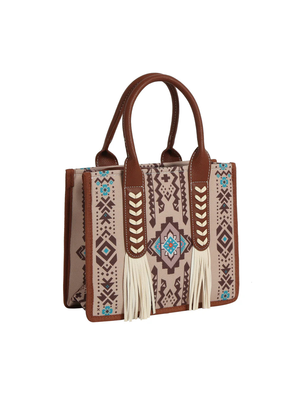 The Aztec Pattern Tote Set is a beige and brown faux leather bag with Southwestern geometric patterns, turquoise accents, dual brown handles, cream fringe on the front straps, and a detachable strap for versatile carrying.