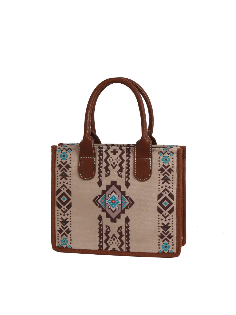 The Aztec Pattern Tote Set is a beige and brown canvas bag with double handles and a geometric tribal design in brown, turquoise, and white. It comes with a detachable strap for versatile carrying options.